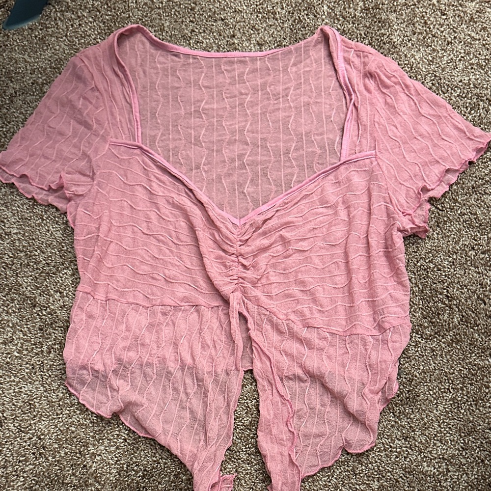 SHEIN Pink Ruched Tie-Front Sheer Crop Top
